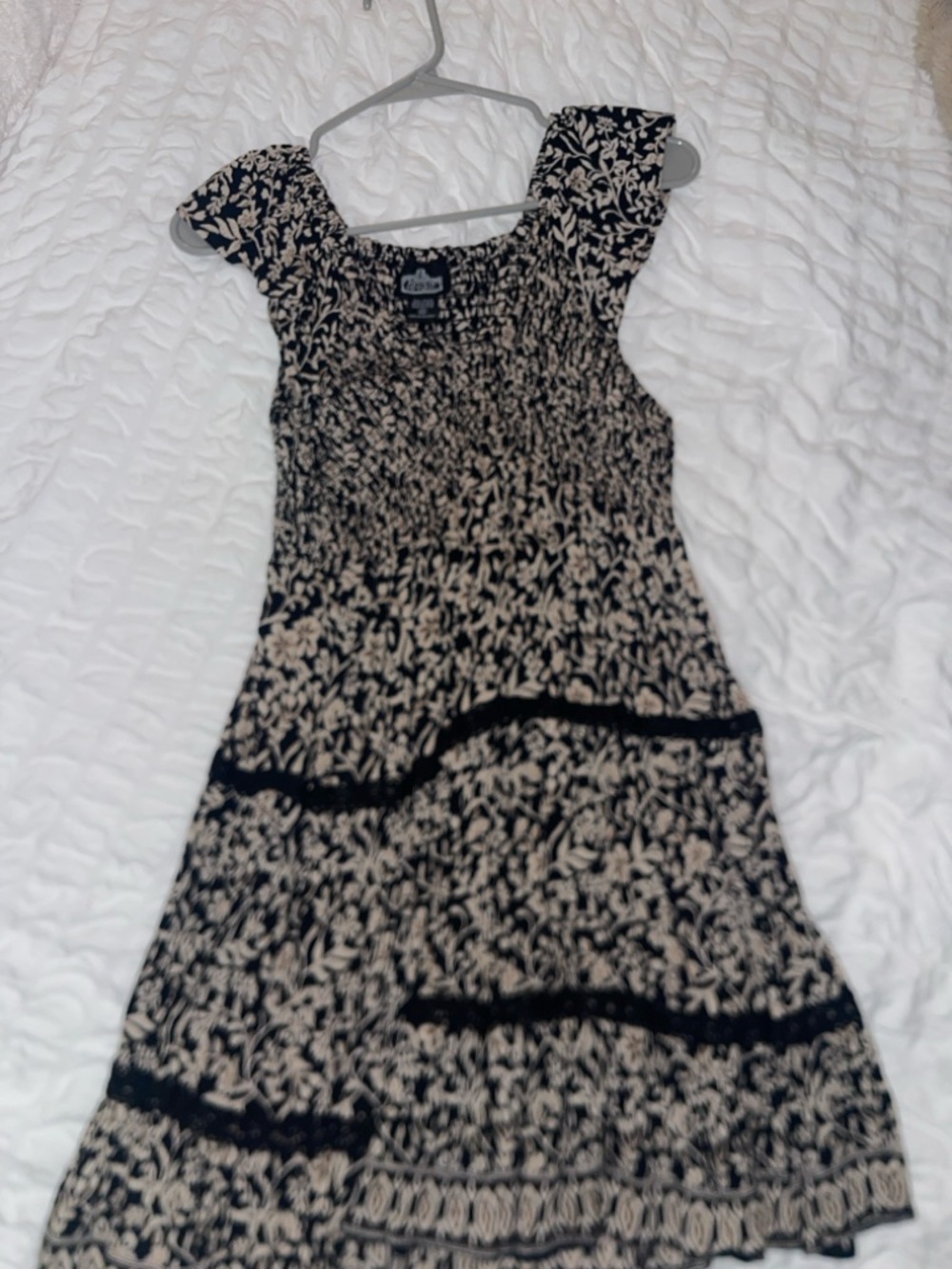 Black and Cream Floral Smocked Sundress